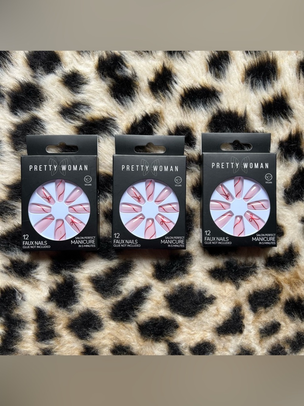 (3) Pretty Woman Pink Coquette Red Bow Press On Nails Nail Set